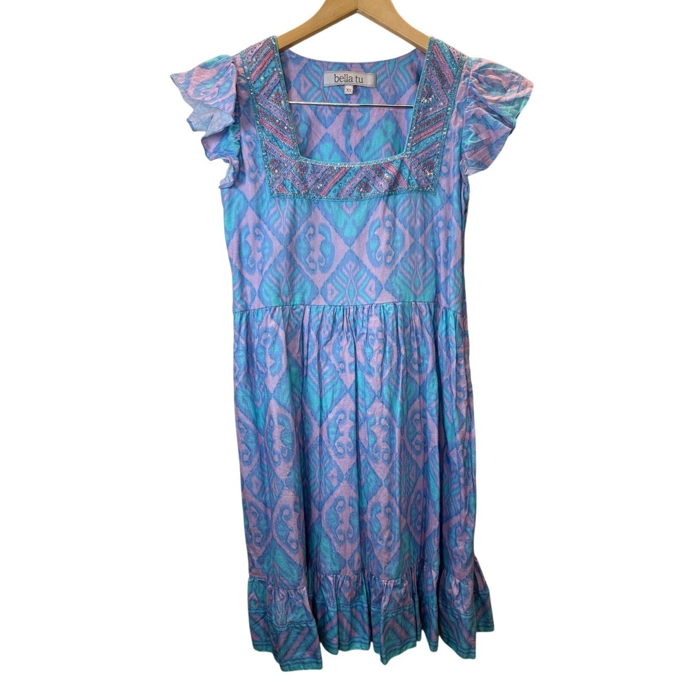 Bella Tu Ikat Mini Dress Womens XS Blue Purple Beaded Square Neck Flutter Sleeve